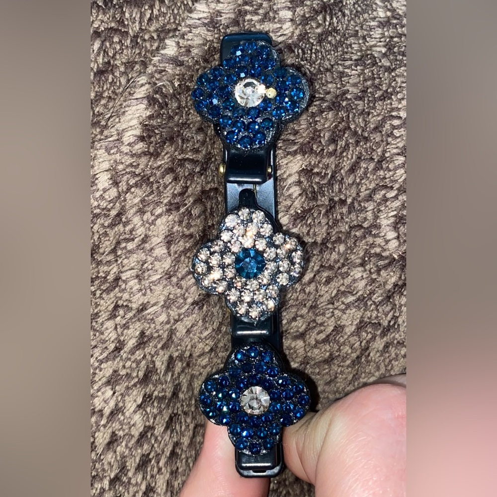 Floral Rhinestone Barrette (Blue & Silver)